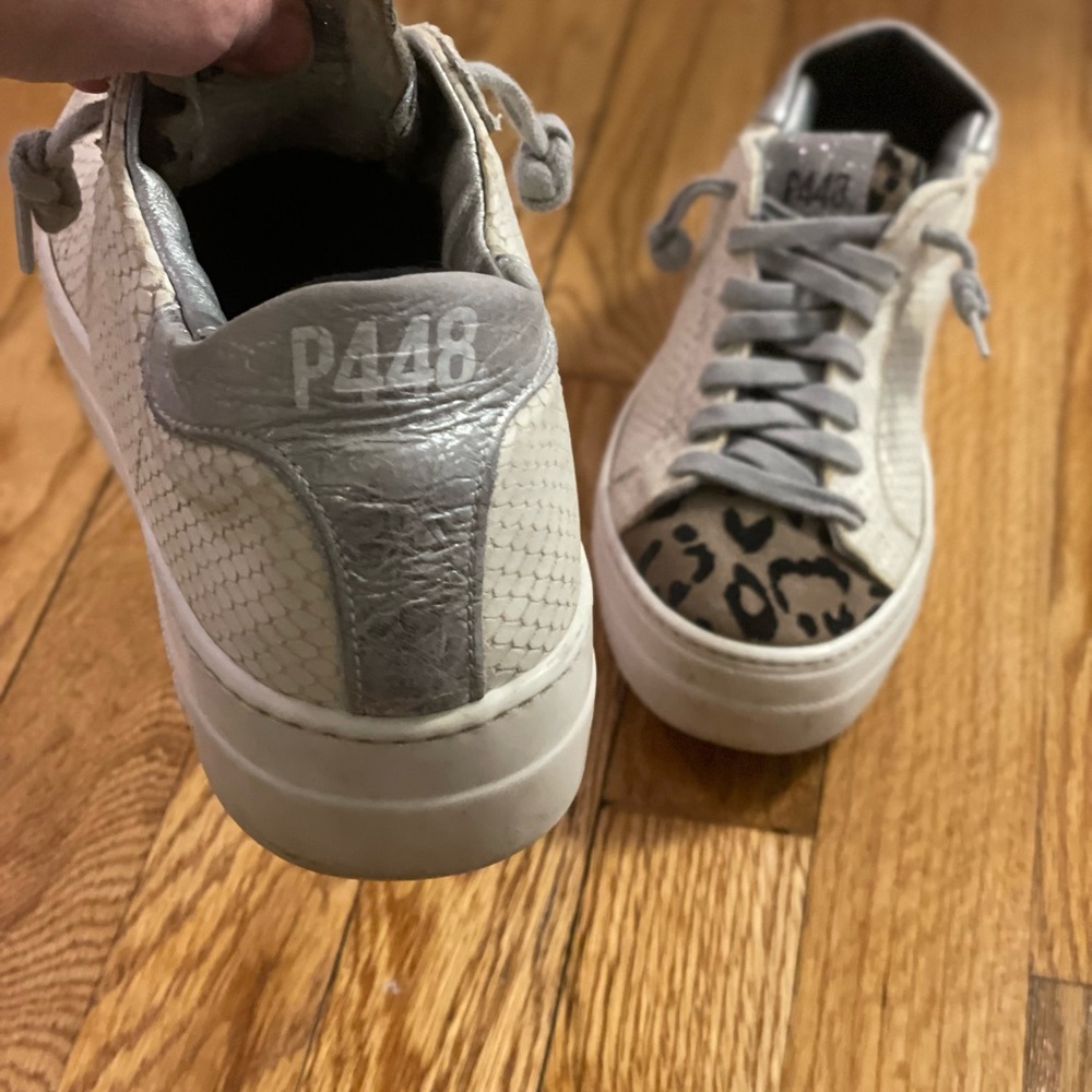 P448 Gray and Cream Sneakers with Leopard Accent